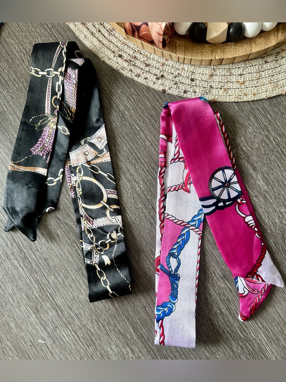 Twilly Scarf Set of 2 Black & Purple Chain Print & Hot Pink Nautical NWT